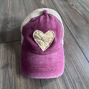 Quilted Burgundy Heart Baseball Hat; Handmade Quilt Hat; Shabby Chic Hat